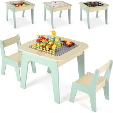 Vaikų stalo kėdžių komplektas, vaikiškų kėdžių komplektas, vaikiškas stalas su 2 kėdėmis, vaikiškų kėdžių komplektas, vaikiškas stalas, dvipusis piešimo stalas ir statybinė plokštė, laikymo vieta, 2 kėdžių pakuotė