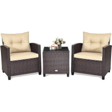 GOPLUS 3 dalių balkono baldų komplektas, poliratano sodo baldų komplektas, terasos baldų komplektas su 1 stalu ir 2 kėdėmis, svetainės baldų komplektas su pagalvėlėmis, 3 sėdimų vietų sodo ir balkono baldų komplektas