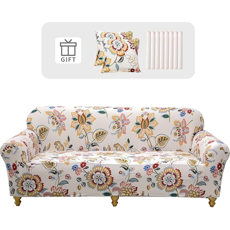 Lydevo Sofa Cover 3-Seater Stretch Sofa Cover Elastic Sofa Cover Spandex Sofa Cover with 2 Cushion Covers Non-Slip Washable Sofa Protection Cover Couch Flower