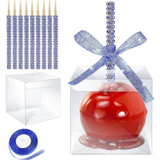 Pack of 20 Cake Pop Sticks, Candy Apple Boxes with Glitter Stick Hole Set, Caramel Apple Packaging Set with Rhinestone Bamboo Skewers & Glitter Ribbons for Cake Pop Chocolate Treatment (Blue)