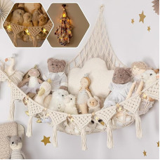 JanYoo Toy Storage Cuddly Toy, Large Format Storage Net Children's Room Hanging Toy Organiser Boho Macrame Stuffed Toy Hammock with LED Fairy Lights for Cuddly Toys, White