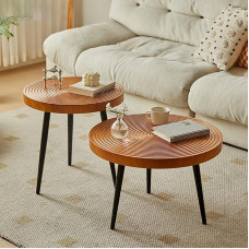 Modernes rundes Couchtisch-Set – Bauernhaus-Nisttische mit Metallbeinen – einfache Montage, PVC-Blister-Beistelltisch für Wohnzimmer und Schlafzimmer (Holzfarbe 60 + 50 cm)