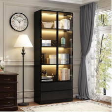 Caldion Display Cabinet with 3 LED Lighting, Display Cabinet with 2 Glass Doors + 2 Drawers, Pop-Up Design, Glass Display Cabinet with 5 Shelves, Glass Cabinet, Black, for Living Room, Tempered Glass,