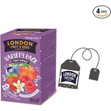 London Fruit® | Sortiment an Aufgüssen 4 Geschmacksrichtungen | Himbeer-, Pfirsich-, Erdbeer- und Vanille-, Blaubeer-Kräutertee | Früchtetees ohne Koffein – 4 x 5 Beutel (40 g)