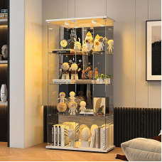 BPKADHY Glass Display Cabinet, 4 Layers Glass Display Cabinet, LED Lighting, Lock and 2 Doors, Collector's Display Case with Mirror Back Panel for Collectibles, Living Room Cabinet and Books
