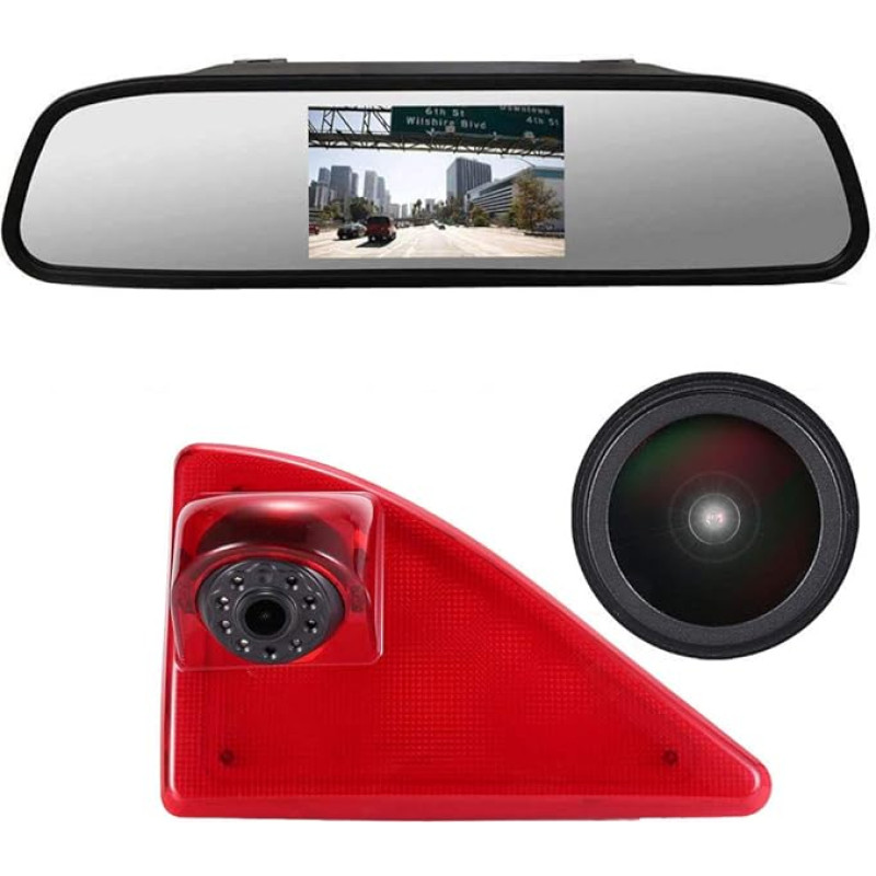 18 mm objektyvas Aukščiausios kokybės atbulinės eigos kamera + 4,3 colių automobilio galinio vaizdo veidrodis Stabdžių žibintas Automobilio stogo atbulinės eigos kamera 