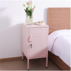 Navaris Metal Bedside Table - Small Metal Cabinet with Lockable Drawer - Bedside Table Small Key Drawer - Night Table - Dusky Pink