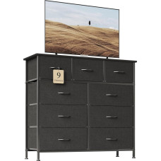 Flrrtenv Komoda miegamajame su 9 stalčiais, medžiaginė komoda su mediniu viršumi ir didele saugojimo erdve, lengvai surenkama, skirta miegamajam, svetainei, juoda