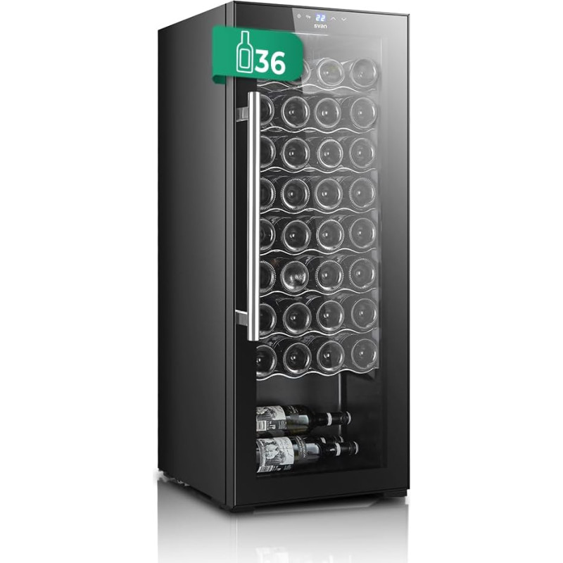 SVAN Weinregal SVN3600S, 36 Flaschen, Schwarz, 85 W, LED-Display, Touchscreen, Digitalanzeige für den Außenbereich, 9 Metallgitter, Energieklasse G