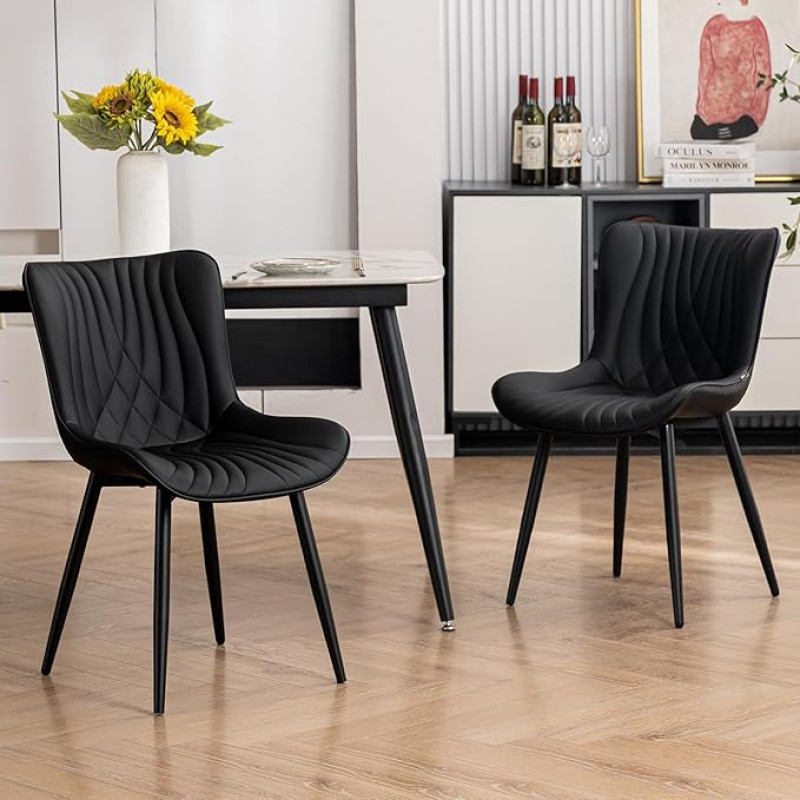 YOUTASTE Valgomojo kėdės, 2 komplektai, valgomojo kėdės, dirbtinė oda, virtuvės kėdės su atlošu, patogios minkštos kėdės valgomajam, virtuvei, svetainei, juodos spalvos