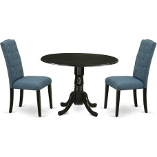 Das 3teilige Esszimmer-Set beinhaltet einen abgerundeten Küchentisch mit herabfallenden Blättern und zwei Parson-Stühlen mit blauem Stoff, schwarzes Finish