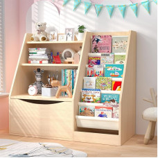 TOETOL Kinder-Bücherregal mit 3 Ebenen, 6 Schlingen, Kleinkind-Bücherregal, Aufbewahrungsboxen, Bücherregal und Organizer für Kinderzimmer, Spielzimmer, Klassenzimmer, Bibliothek, Schlafzimmer