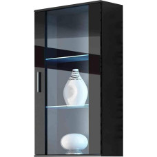 Mirjan24 Soho S2 pakabinama vitrina, stiklinė vitrina, laikymo spinta, svetainė, aukštoji lenta, spintelė (juoda/juoda blizgi, su mėlynu LED apšvietimu)