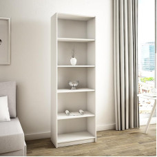 Knygų spinta su 5 pakopomis, matinė apdaila, 58 cm pločio stovinti lentyna su 4 lentynomis, idealiai tinkanti miegamajam, svetainei, prieškambariui, patvari laminato plokštė, 16 mm storio, balta