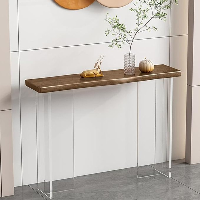 HADECOLL 47 colių siauras konsolinis sofos staliukas su akrilo kojelėmis, medinis stalviršis, įėjimo akcento staliukai svetainei, modernus prieškambario akcento staliukas, lengvai surenkamas, juodas, riešutmedžio spalvos