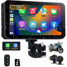 Vtopek Motorcycle Carplay Android Car with Dash Cam Front Rear 2K + 2K Carplay Motorcycle with 5.5 Inch Touchscreen IP67 Waterproof with GPS Navigation Siri Dual Bluetooth Hands-Free Kit 64G TF Card