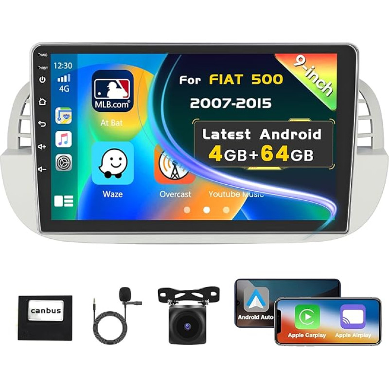 [4G + 64G] Inefala automobilinis radijas Fiat 500 2007-2015 m., 9 colių jutiklinio ekrano radijas Bluetooth su belaidžiu CarPlay ir Android Car, Fiat 500 navigacija GPS su atbulinės eigos kamera WiFi RDS FM SWC Mic