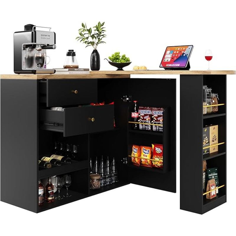 DRIXNO 360° kampu besisukantis valgomasis baras (138 cm - 105 x 39 x 102 cm), su 2 stalčiais ir stumdomų durų spintelėmis, 3 lygių atvira laikymo erdve, tinka valgomajam, darbo kambariui, svetainei ir kt.