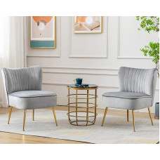 Janoray Samt-Stuhl, 2er-Set, bequemer Wohnzimmerstuhl, ohne Armlehnen, Slipper-Stuhl, Mitte des Jahrhunderts, Einzel-Sofa-Stuhl mit goldenen Beinen, Flügelrücken, für Schlafzimmer, Gästezimmer, Grau