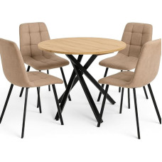 Mommahome® Esstisch rund ausziehbar + 4 Stühle aus Stoff im Industrie-Stil, Esstisch Eiche mit Metallbeinen, Kombination aus Holz und Metall, Braun