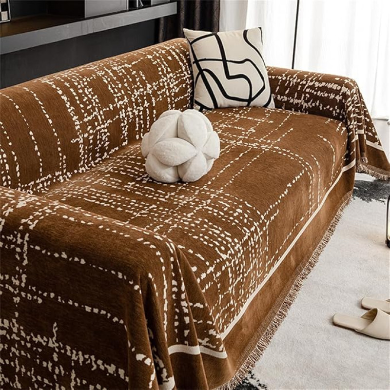 RUILBJ Schwarz Weiß Linien Groß Sofa Bezug Einfach Chenille Wohndecke Mit Fransen Decke Sesselbezug Bettdecke 1 2 3 4 Sitzer Sofa Bezug Anti Kratzer Sofa Decke (Braun,180x300 cm)