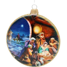 Dekohelden24 Lauschaer KGL03640 Christmas Tree Decoration Glass Valley Printed with Bethlehem - Birth of Christ with Glitter Decoration and Silver Crowns, Size B/Diameter: Approx. 1 x 9 cm