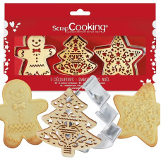 ScrapCooking Set of 3 Christmas Wooden Cookie Cutters + Embosser - Stainless Steel Cookie Cutters for Relief Pastries - Baking Accessories Sandblasted - 2110