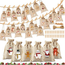 Advent Calendar for Filling, Advent Calendar Fabric Bags, Christmas Advent Calendar Bags, 24 Advent Calendar Fabric Bags with 24 Advent Calendar Numbers + Wooden Pegs + Hemp Rope (gingerbread Man)