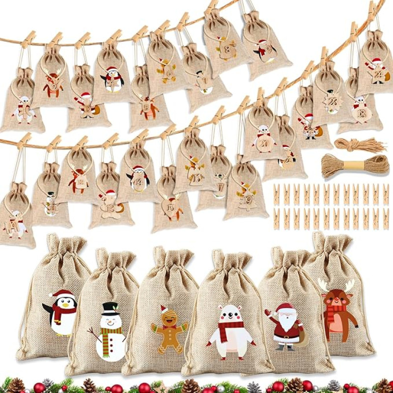 Advent Calendar for Filling, Advent Calendar Fabric Bags, Christmas Advent Calendar Bags, 24 Advent Calendar Fabric Bags with 24 Advent Calendar Numbers + Wooden Pegs + Hemp Rope (gingerbread Man)