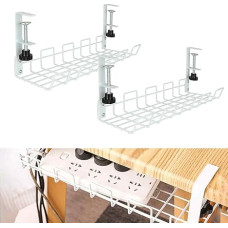 2 Packs Under Desk Cable Management No Drilling Cable Management Cable Tray Wire Basket Surface Mount for Desks Home Office Internet Cafe Kitchen White