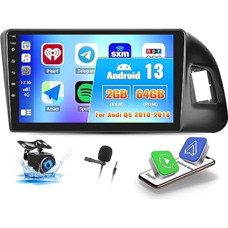 OiLiehu 2G + 64G Android 13 Car Radio 2DIN Carplay Android Car for Audi Q5 2010-2018 Car Radio with Screen 9 Inch Car Radio with Mirror Link/EQ/Bluetooth/SWC/FM RDS/WiFi/GPS/Rear View Camera