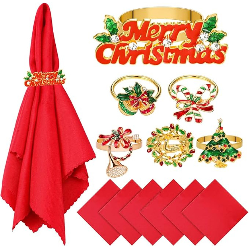 LOYIM Set of 12 Christmas Table Decorations Set 6 Christmas Napkin Rings and 6 Red Fabric Napkin Holders and Christmas Napkins Christmas Dinner Table Decoration (Gold, Elegant Style)