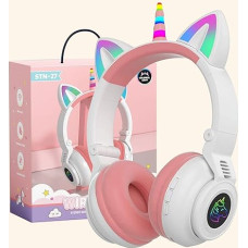 OHAANYY Wireless Headphones for Children, Headphones Bluetooth Unicorn Foldable, Girls with Cable and Microphone Headphones Children with LED Light Stereo Headphones for Mobile Phone/Tablet/PC (White)