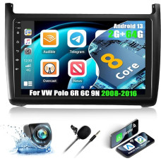 2+64G 8-Core CAMECHO Android 13 Car Radio for VW Polo 6R 6C 9N 2008-2016, 9 Inch Touchscreen 2Din Stereo Wireless Carplay Bluetooth Radio with WiFi GPS Navigation FM/RDS DSP + Reversing Camera &