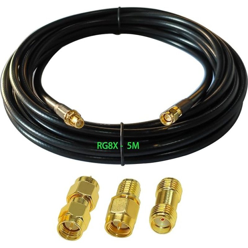 GTIWUNG RG8X SMA Coaxial Extension SMA Male to SMA Female RF Coaxial Cable 5 m, SMA Male to SMA Female Bulkhead RF Coaxial Cable RG8X Cable 16.4 ft + 3 Pieces RF Coaxial SMA Adapter Kit