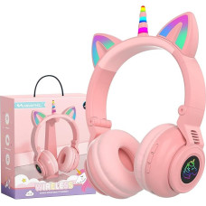 hisonic Bluetooth Children's Headphones, Over-Ear Unicorn Bluetooth Headphones Girls with Colourful Lights, Microphone and SD Card Slot for Children from 3 Years (Pink)