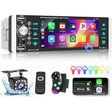 Hikity Car Radio 1Din with Wireless Carplay Android Car, 5.1 Inch Touchscreen 1Din Car Radio Bluetooth with FM Radio 2USB AUX TF Bluetooth Hands-Free Kit 7 Colours Mic Reversing Camera