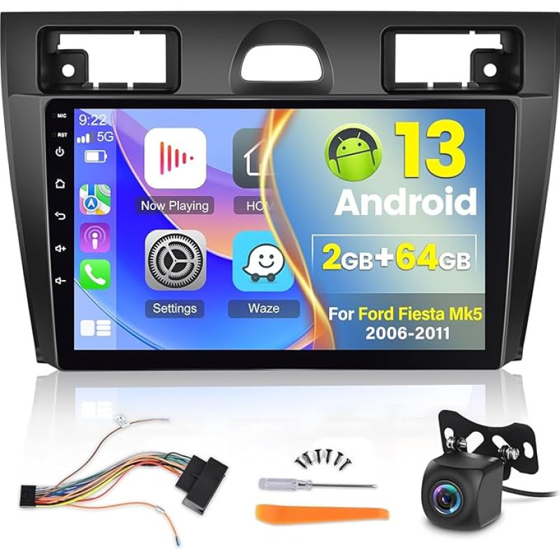 Android Car Radio for Ford Fiesta 2006-2011 with Wireless Carplay and Android Car, DSP 36EQ / Multiple UI Themes / GPS WiFi - 9 Inch Touchscreen + AHD Rear View Camera