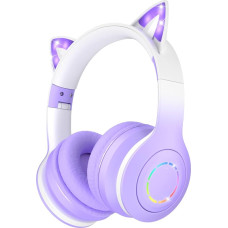 VuyKoo Children's Headphones Bluetooth with HD Microphone, Girls Cat Ear Headphones Over-Ear with LED Light Foldable Stereo Headphones Wireless Headphones Children for Mobile Phone/Tablet/PC (Purple)