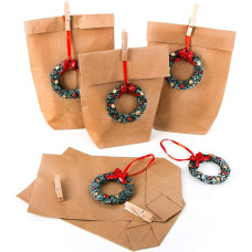 Logbuch-Verlag 10 Small Christmas Bags Gift Bags Kraft Paper Bags with Red Green Pendant Christmas Wreath Packaging Customers Employee Gifts 14 x 22 x 5.5 cm