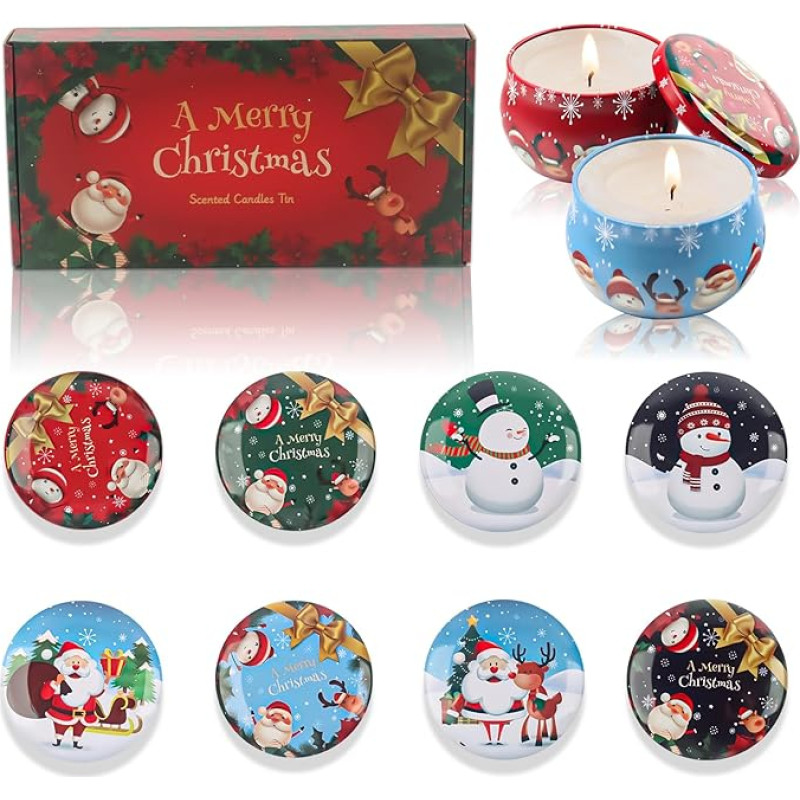 Pack of 8 Candle Tins, Christmas Round Candle Tin, Empty Candle Tins with Lid, Christmas Candle Tins, Mini Metal Tin, DIY Round Container, for DIY Candles, Storage, Wedding and Christmas Party