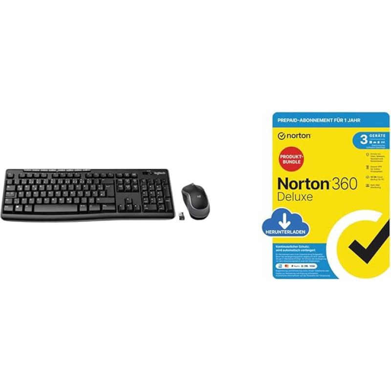 Logitech MK270 Wireless Keyboard and Mouse Set - Black + Norton 360 Deluxe 2024, Antivirus Software for 3 Devices