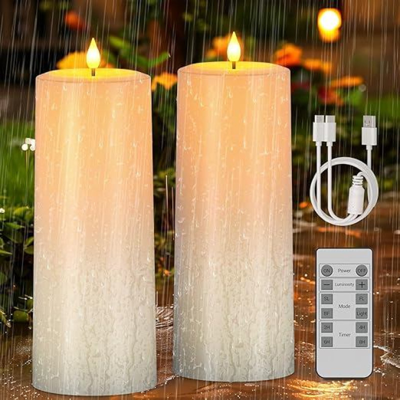 PChero Solar Rechargeable Candles with Remote Control, Set of 2 Electric LED Candles Rechargeable Flickering with Timer Function Outdoor Solar Candles Outdoor Waterproof for Outdoor Garden Patio