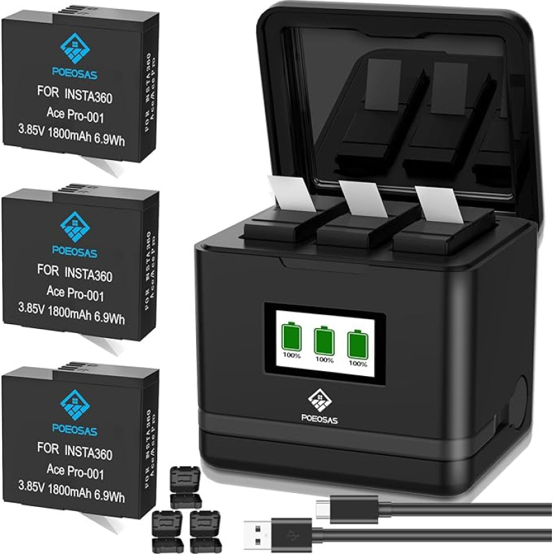 POEOSAS 360 Ace Pro 2 atsarginė baterija, 3 vnt., 1800 mAh baterijos su 3 lizdų LCD įkrovikliu, suderinama su Insta360 Ace Pro 2 kamera (su baterijos dėklu x 3)