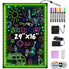 Hosim LED rašymo lenta, 24 x 16 apšviesta trinama neoninio efekto restorano meniu ženklas su 8 spalvų žymekliais, 7 spalvų ir mirksinčio režimo 