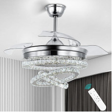 diisunbihuo 42 Inch Dimmable Chandelier Modern Invisible Crystal Chandelier Ceiling Fan with 3 LED Colour Changing Lights with Memory Function (Chrome)