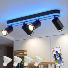 Ceiling Light LED Dimmable with Remote Control, RGB Colour Changing 44 W 3400 LM Ceiling Light Ceiling Spotlight Swivelling 4 Bulbs with Lower Glow 24 W + 4 x 5 W GU10 Spots, Modern Ceiling Lamp for