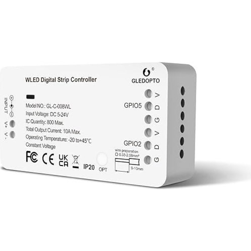 GLEDOPTO WLED Digital Strip Light Controller WiFi DC5-24V Support WS2812 2811 SK6812 and Other RGB RGBW Strip Lights 800 ICs DIYable