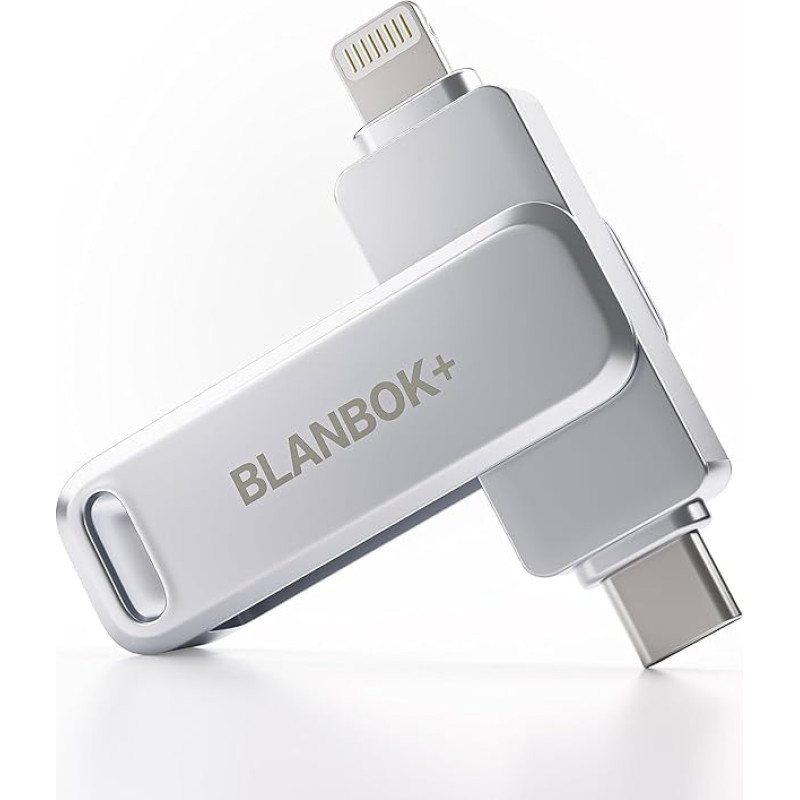 BLANBOK+ MFi sertifikavimas 256 GB USB atmintinė iPhone, 3 in 1 rašiklinis diskas Lightning USB C atmintinė iPhone su USB 3.0 adapteriu, išorinė saugykla iPhone/iPad/Android/PC/Mac (sidabrinė)
