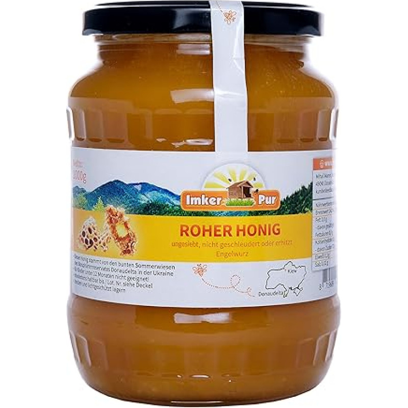 Raw Honey by BeekerPur - Not Spun or Heated, Contains Flower Pollen, Beeswax and Other Natural Ingredients (1000 g Raw Angelica Honey)